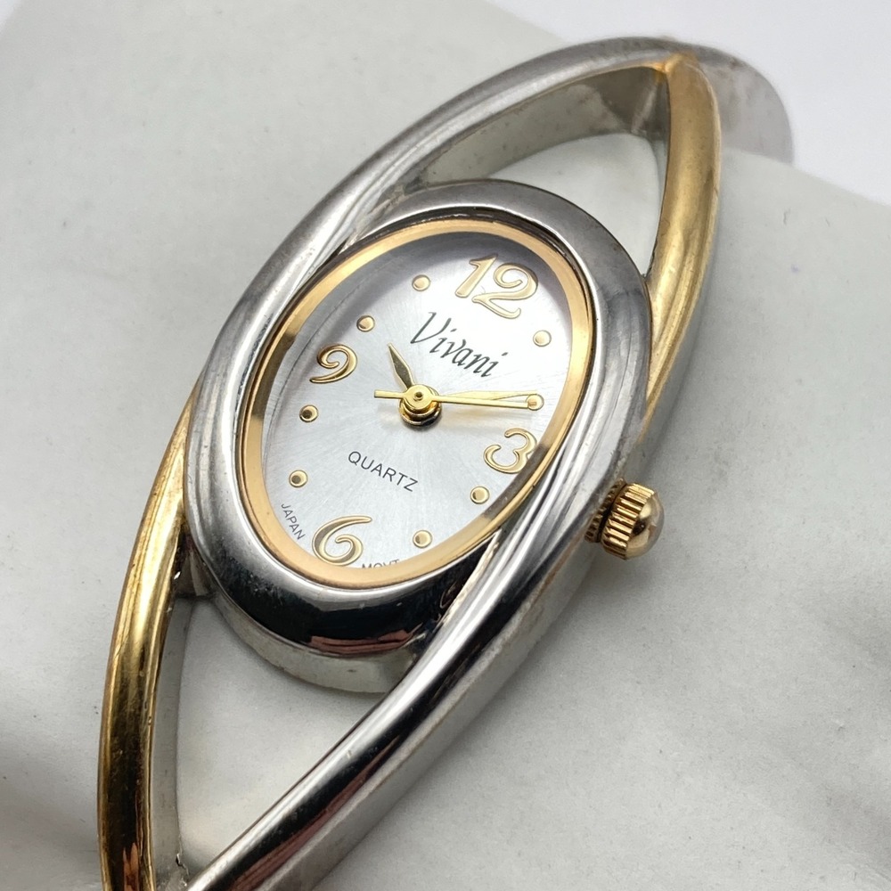 Vivani Women's Watch Cuff Silver Gold Two Tone 20mm Oval New Battery 6.5"